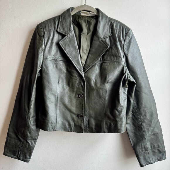 Newport News Jackets & Blazers - Vintage Newport News Olive Green Leather Moto Biker Jacket Size 16 Y2K 00’
